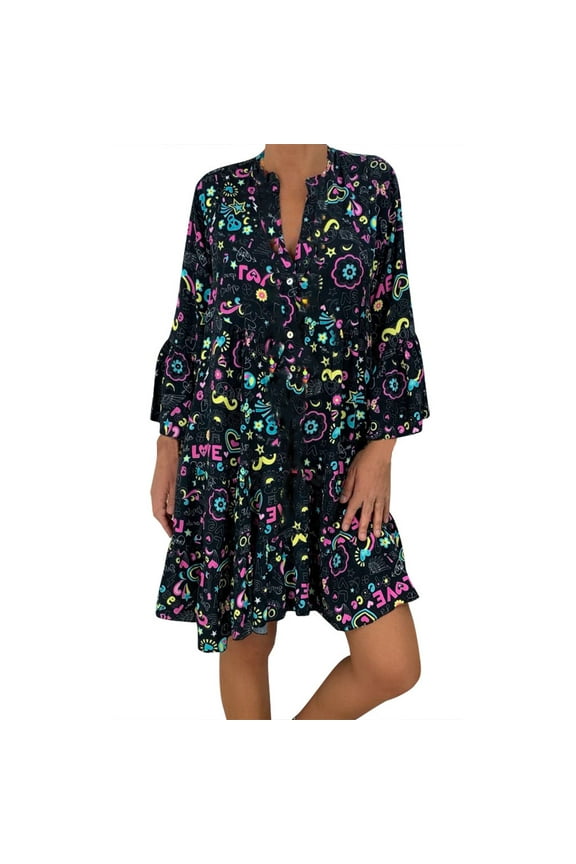Winter Fall Dresses for Women Wedding Guest Long Sleeve Ladies Plus Size Loose Print V-Collar Button Mini Dress
