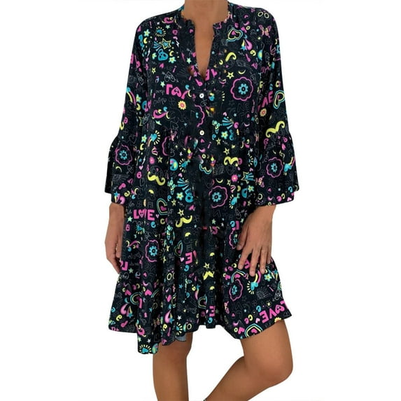 Winter Fall Dresses for Women Wedding Guest Long Sleeve Ladies Plus Size Loose Print V-Collar Button Mini Dress