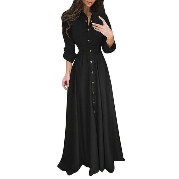 Winter Fall Dresses for Women Wedding Guest Long Sleeve Lady Casual Fashion Lapel Maxi Long Dress Solid Shirt Dress