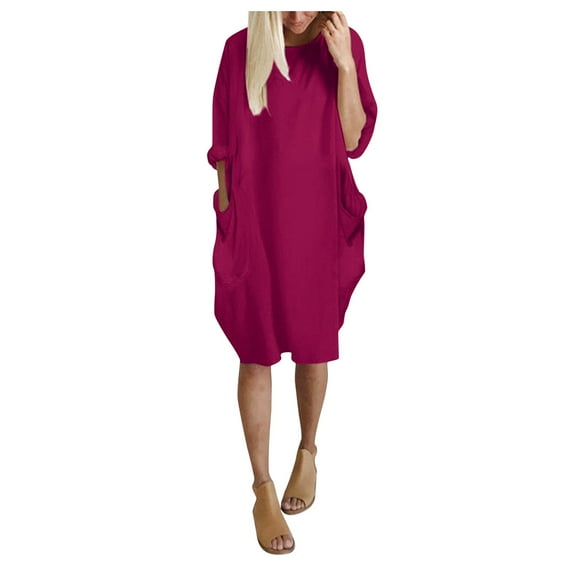 Winter Fall Dresses for Women Wedding Guest Long Sleeve Pocket Loose Dress Ladies Round Neck Casual Knee-Length Dress