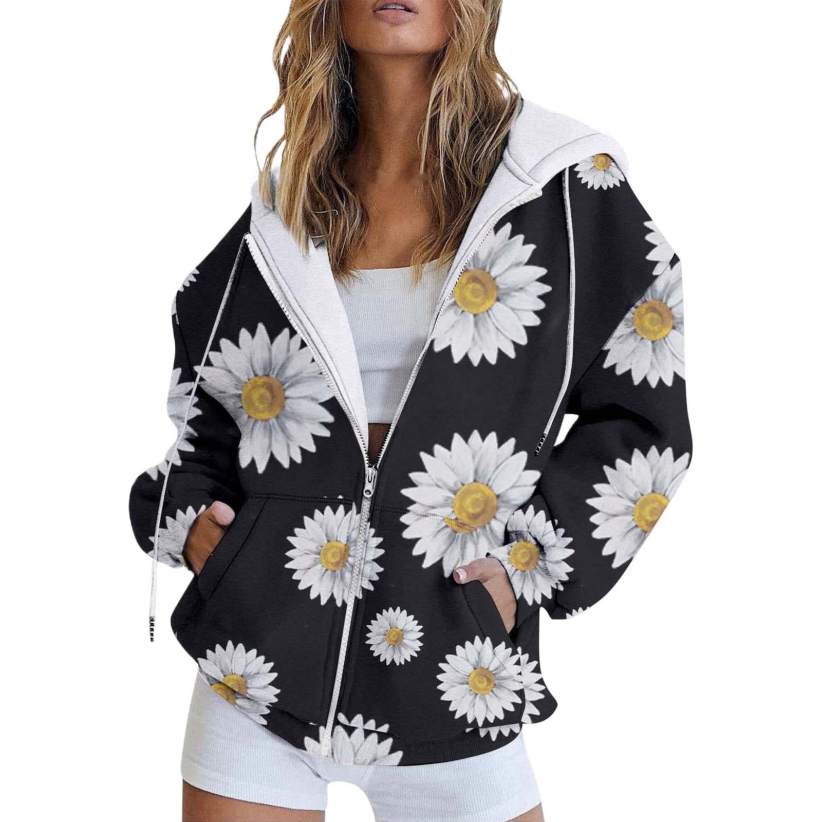 Winter Fall Floral Print Casual Pockets Long Sleeve Jacket Cute Drawstring Hoodie Zipper Women's Hooded Sweatshirt