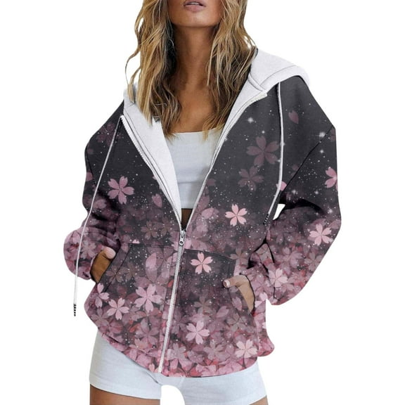 Winter Fall Floral Print Casual Pockets Long Sleeve Jacket Cute Drawstring Hoodie Zipper Women's Hooded Sweatshirt