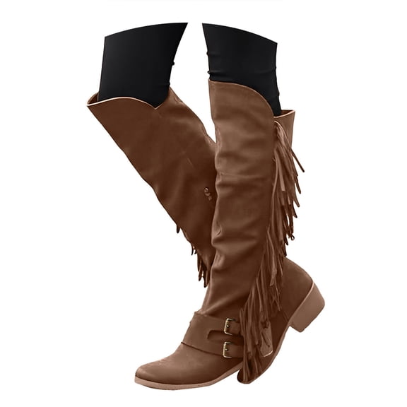 Winter Fall Fringe Knee High Cowboy Boots for Women Slouchy Chunky Mid Heel Buckle Wide Calf over The Knee Cowgirl Boots