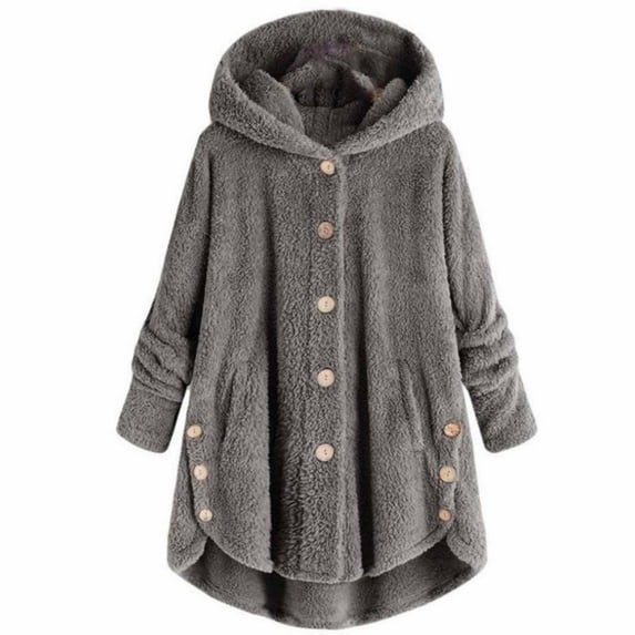 Winter Fall Hooded Jackets for Women Plus Size Button Plush Tops Loose Cardigan Wool Plus Size Jacket Coat
