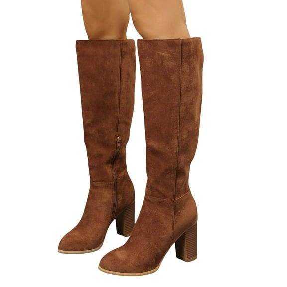 Winter Fall Knee High Boots for Women with Side Zipper Fashion Suede Pointed Toe High Heels Wide Calf Tall Dress Boots
