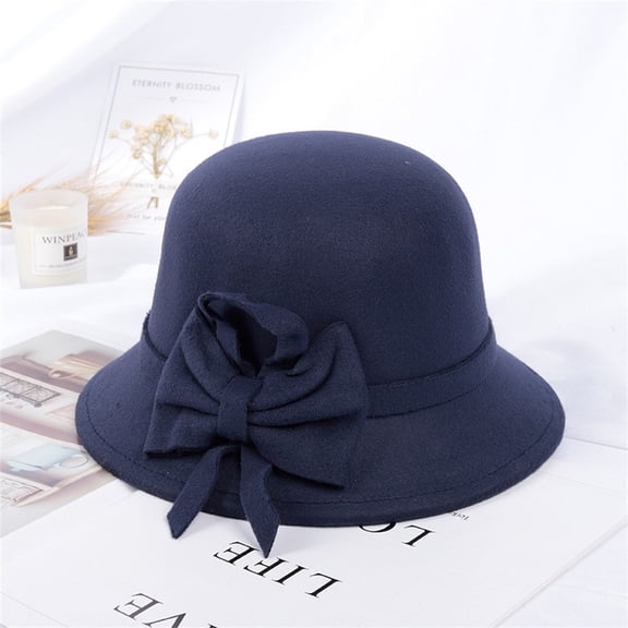 Winter Fall Knit Cloche Hat Church Bucket Hat Vintage Beanie Hat Round Brim Warm Hat Flower Bowler Hat for Women Ladies Navy
