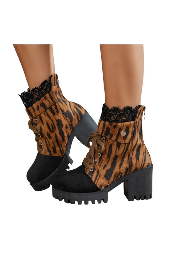 Winter Fall Leopard Combat Boots for Women Vintage Trendy Lace Platform Chunky High Heel Mid Calf Short Ankle Booties