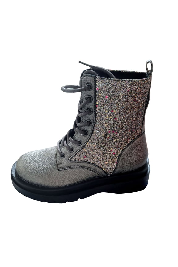 Winter Fall Sequin Platform Mid Calf Combat Boots for Women Christmas Leather Sparkly Chunky Riding Ankle Booties