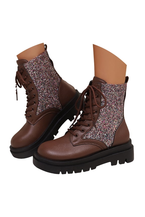 Winter Fall Sequin Platform Mid Calf Combat Boots for Women Christmas Leather Sparkly Chunky Riding Ankle Booties