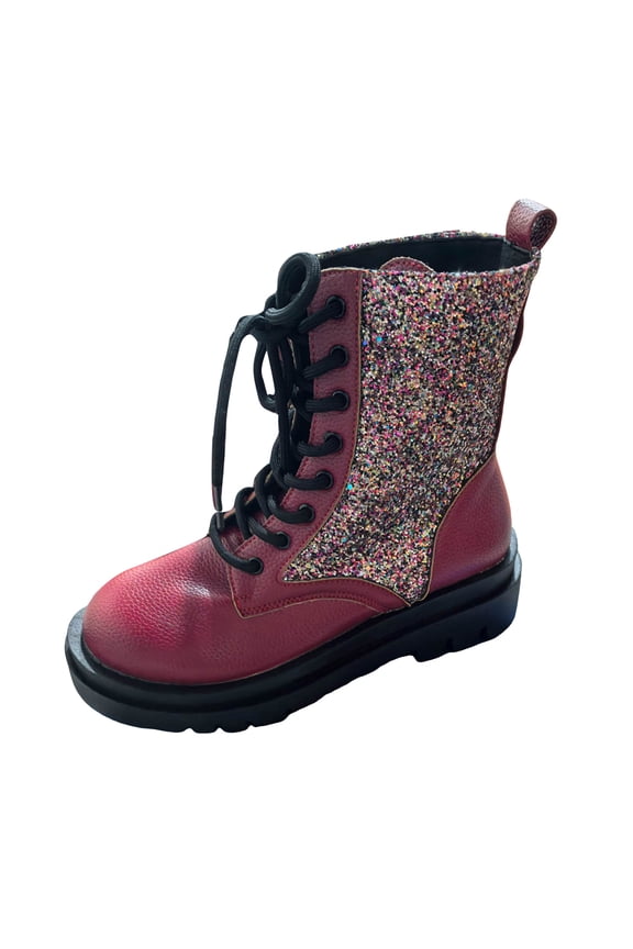 Winter Fall Sequin Platform Mid Calf Combat Boots for Women Christmas Leather Sparkly Chunky Riding Ankle Booties