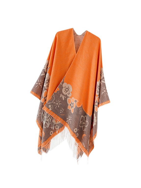 Winter Fall Shawl Wrap with Flower Pattern Tassels Fringe Open Front Ponchos