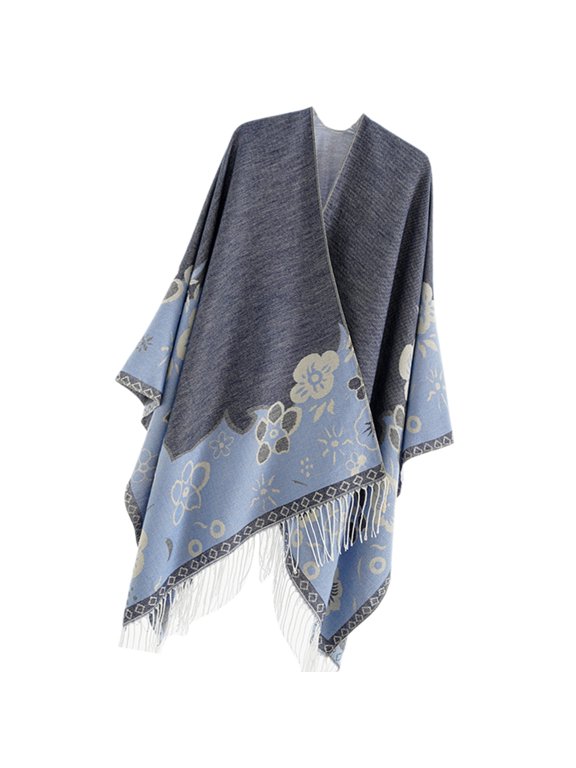 Winter Fall Shawl Wrap with Flower Pattern Tassels Fringe Open Front Ponchos