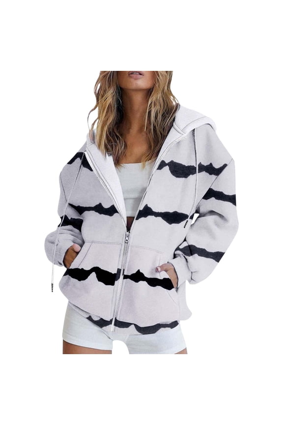 Womens Sweatshirts Winter Fall Clothes Long Sleeve Hoodies Fashion Autumn Striped Gradient Printed Pocket Cute Drawstring Zipper Sweaters Outfits Casual Tops M