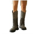 thumbnail image 1 of Winter Fall Studded Fringe Platform Wide Mid Calf Boots for Women Boho Ethnic Chunky Knee High Cowboy Cowgirl Riding Tall Boots, 1 of 7