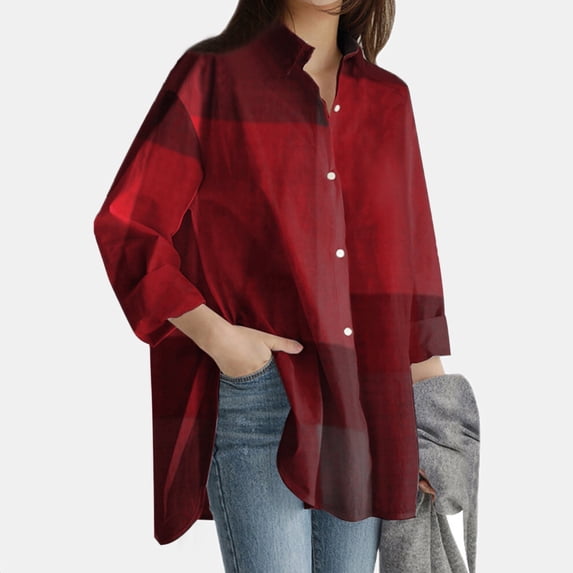 Winter Fall T Shirts for Women Casual Tops Plus Size Plaid Pocket Loose Blouse Button Long Sleeve Tee Shirt Top