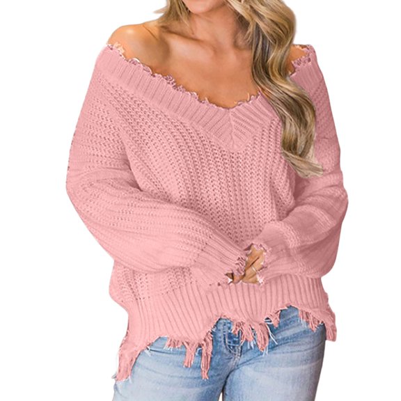 Winter Fall Women Long Sleeve Knitted Sweater Casual Loose V Neck Pullover Sweater Jumper Top Casual Loose Sweater