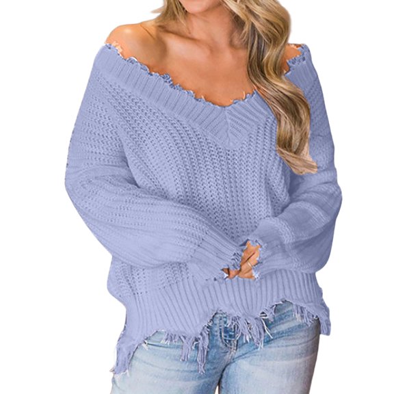 Winter Fall Women Long Sleeve Knitted Sweater Casual Loose V Neck Pullover Sweater Jumper Top Casual Loose Sweater
