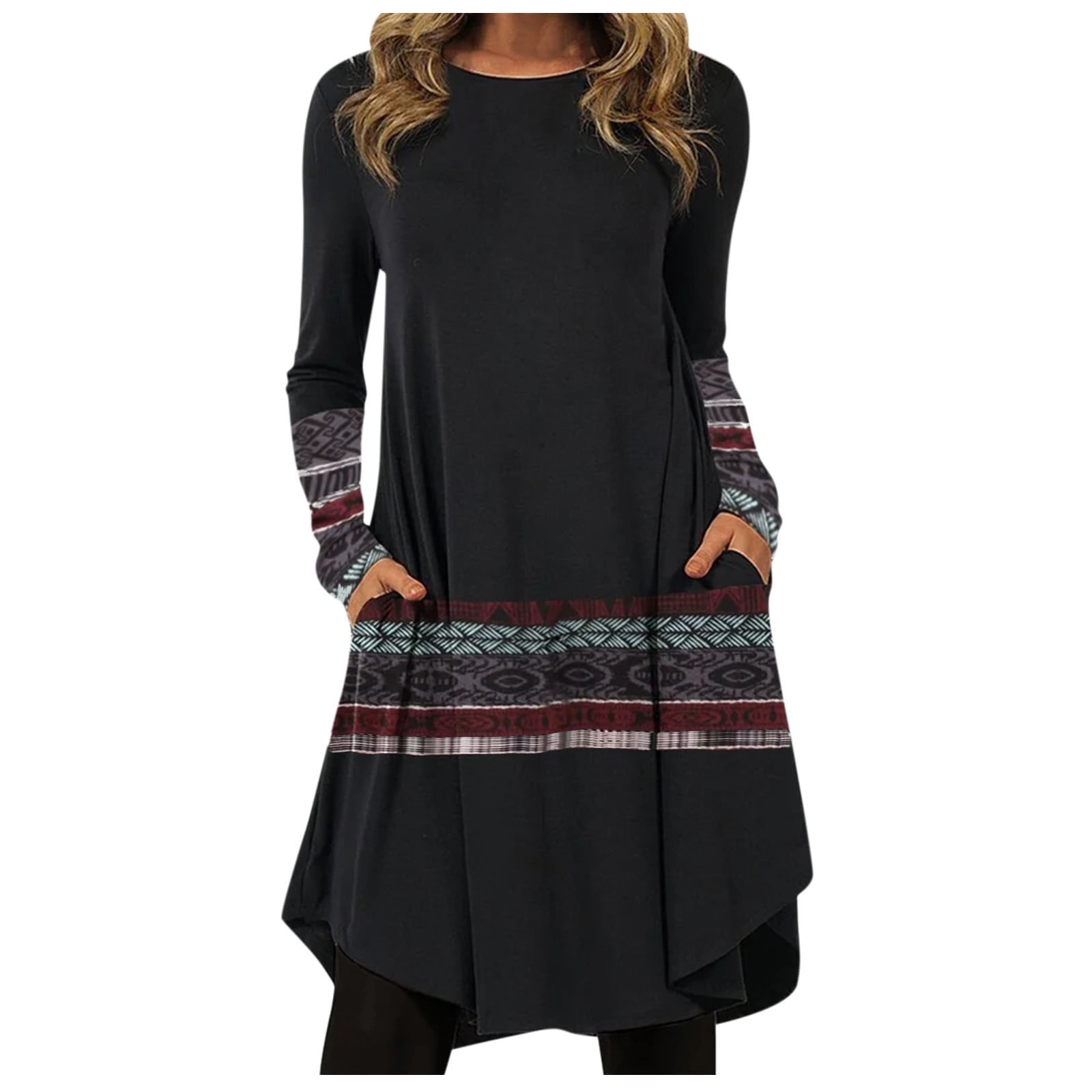 Winter Fall Womens Dresses Casual Boho Print Long Sleeve Round Neck Pullover Loose Pocket Dress