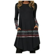 LOWPROFILE Winter Fall Womens Dresses Casual Boho Print Long Sleeve Round Neck Pullover Loose Pocket Dress