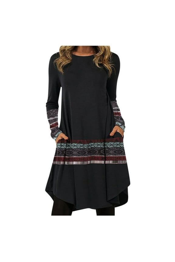 Winter Fall Womens Dresses Casual Boho Print Long Sleeve Round Neck Pullover Loose Pocket Dress