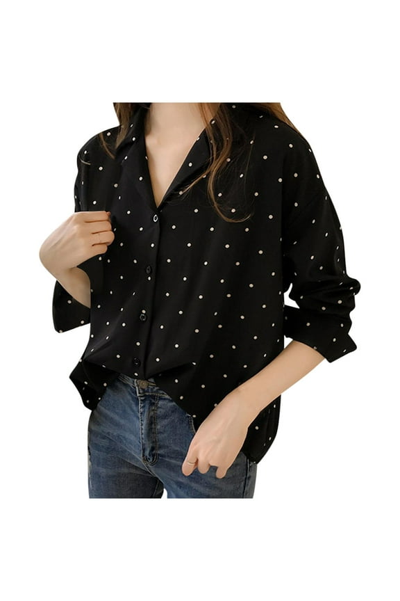 Winter Fall Womens Tops Blouse Long Sleeve Polka Dot Turn-Down Collar Tops Button Casual Shirts