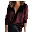thumbnail image 1 of Winter Fall Womens Tops Blouse Temperament Solid Color V-Neck Shirt Satin Silky Soft Top Casual Shirts, 1 of 7