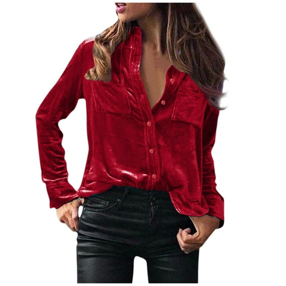 Winter Fall Womens Tops Blouse Velvet Long Sleeve Button Pocket Shirt Top Casual Shirts