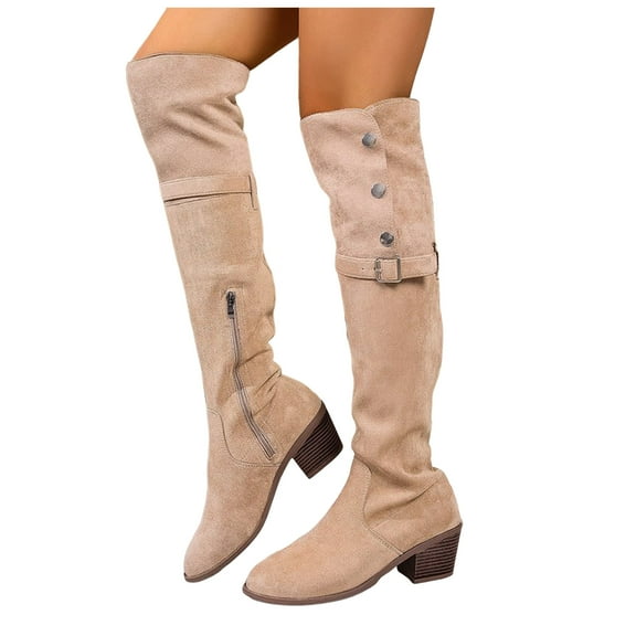 Winter Fall over The Knee High Boots for Women Slouchy Suede Studded Chunky Mid Heel Pull on Dress Long Tall Boots