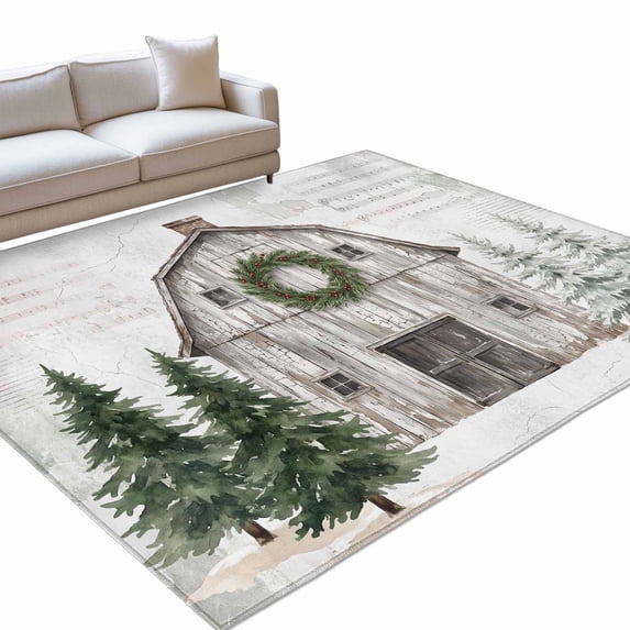 Winter Farm Barn Area Rug 6'x9', Christmas Snowy Wooden Wagon Pine Tree ...