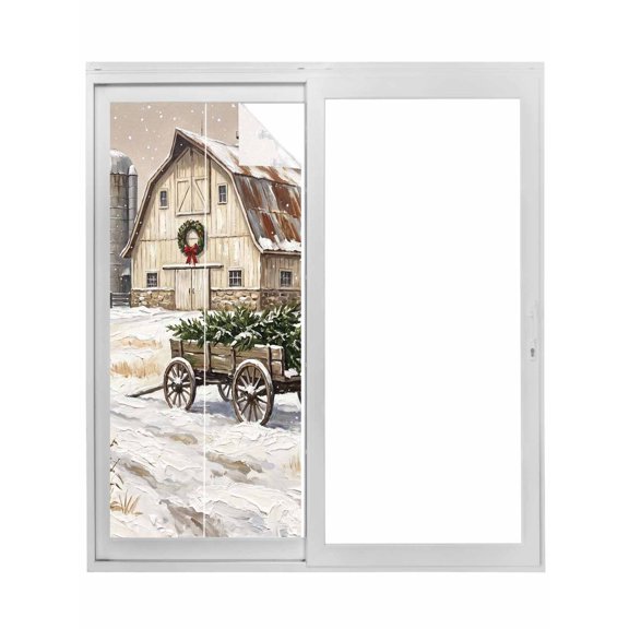 Winter Farm Barn Window Privacy Film Christmas Snowy Wooden Wagon Pine Branch Decorative Glass Window Film UV Blocking Static Cling Non-Adhesive Sticker Covering for Home Door 19.6 x 39.3 inches