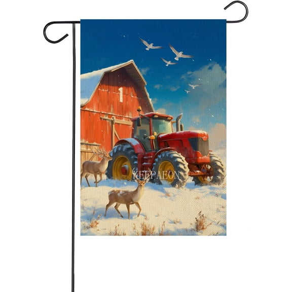 Winter on the Farm Garden Flag Tractor Barn Deer Geese 12x18 Inch Vertical Double Sided Linen, Holiday Yard Lawn Flag, Seasonal Outdoor Patio House Decoration (3178)