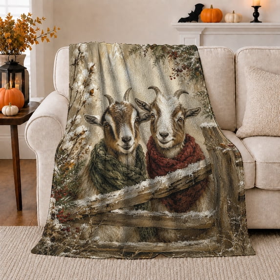 Winter Farm Goats Green Red Knit Scarves Behind, Cozy Friendship Quote Scene, Warm Flannel Blanket for Ranch House and Living Room, Art Lovers Friendship Gift, Artistic Home Decor