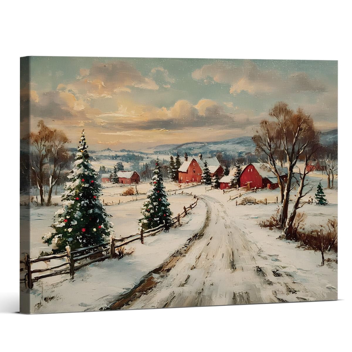 Winter Farm Landscape Canvas Wall Art, Snow Covered Country Road with ...