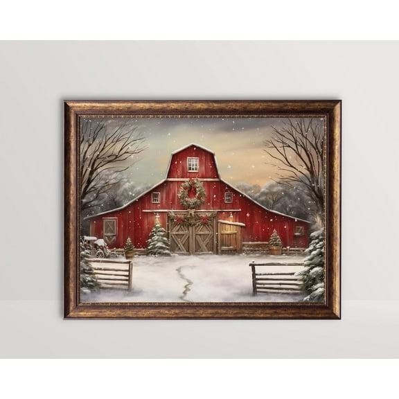 Winter Farm Red Barn, Rustic Decor, Festive Wall Art, Farmhouse Winter Landscape, Vintage Country Poster, 35, Stretched Canvas Size 12x18