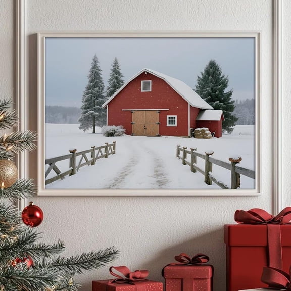 Winter Farmhouse Art Red Barn, Rustic Snow Landscape Home Decor, 8x12 UNFRAMED