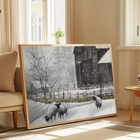 Winter Farmhouse Art Snowy Barn, Sheep, Handmade Frame Home Decor, 24x36 UNFRAMED