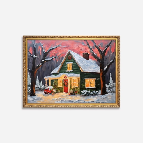 Winter Farmhouse, Rustic Woods Sunset Poster, Cozycabin Decor Style, Winter Impasto Style, Unframed Poster Size 12x18