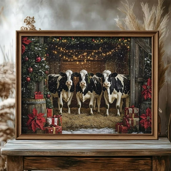 Winter Farmhouse Wall Art, Festive Cow Barn Poster, Country Animal Decor Home Warm Present Vintage UNFRAMED Poster Size 8x12