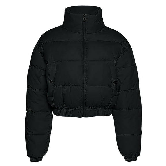 Winter Fashion Coat Solid Cropped Puffer Quilted Zip UP Puffy Bubble Stand Up Collar Zipper Elastic Black Parkas coat S-L
