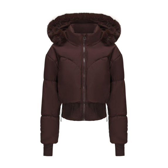 Winter Fashion Coats For Women Solid Color Long Sleeved Thumb Hole Hooded Zipper Short Brown Jacket Coat S-2XL