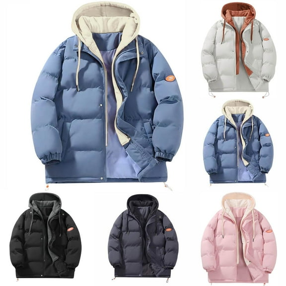 Winter Fashion Coats For Women Solid Color Long Sleeved Zipper Drawstring Hooded Blue Jacket Coat (5XL)