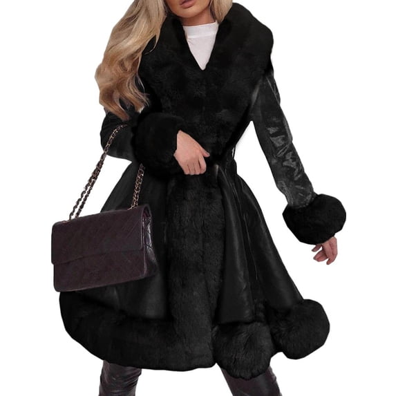 Winter Fashion Lapel Women Faux-Fur Patchwork Long Leather Jacket Coat