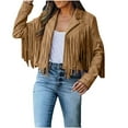 thumbnail image 1 of Winter Fashion Olyvenn Women's Lapel Tassel Denim Jacket Long Sleeve Open Front Cropped Jean Trucker Coat Outwear Lapel Tassel Denim Jacket for Women Trendy 2024 Khaki 4, 1 of 9