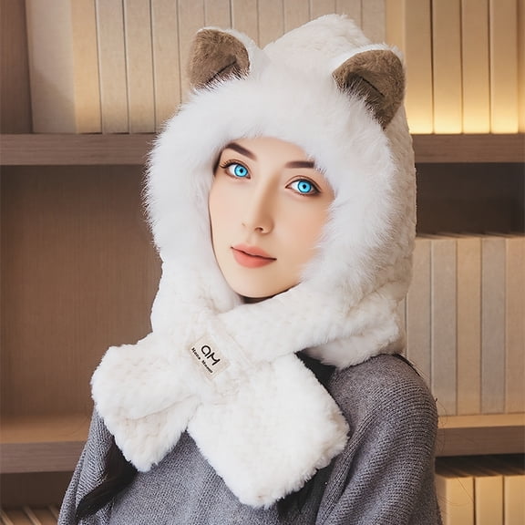 Winter Fashion Plush Warm Hat, Cute Hooded Scarf Knitted Hat, Perfect New Year Gift | Comfortable Headwear Accessories, Women's Winter Hat, Cold Weather Wear