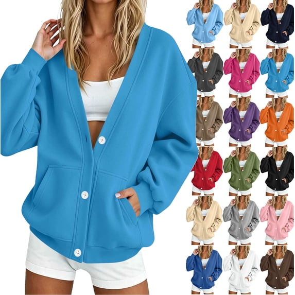 Winter Fashion Sweatshirt for Women Casual Oversized V-Neck Button Down Cardigan Long Sleeve Loose Fit Open Front Jacket with Pockets