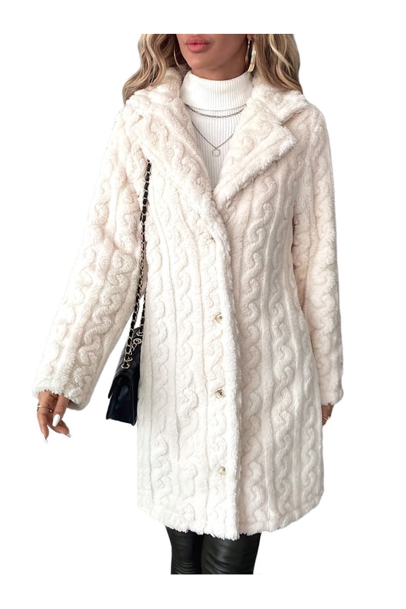 Winter Fashion Women'S Casual Loose Double-Sided Plush Lapel Long Coat Jacket Ivory White L