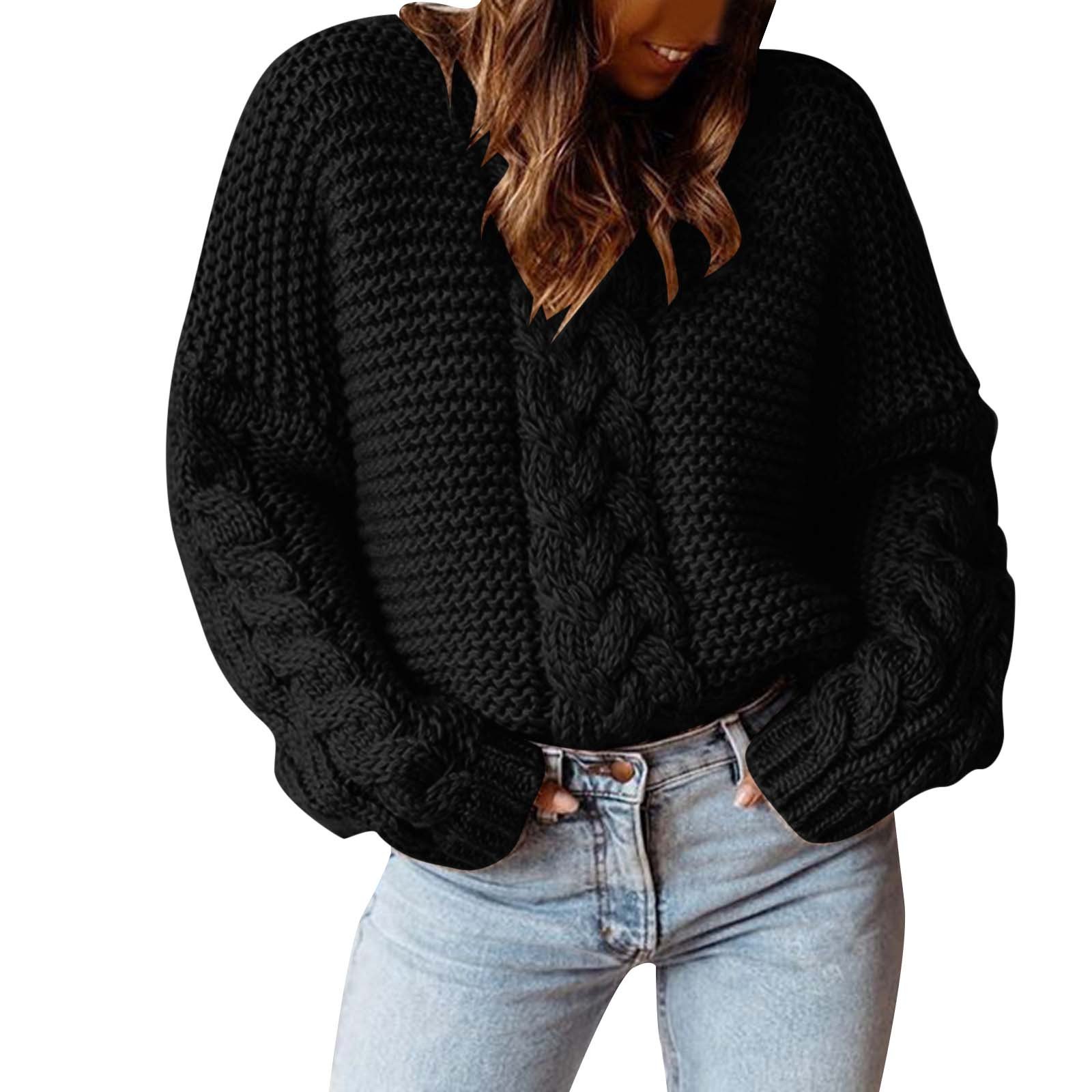 Winter Fashion Womens Large Solid Pullover V Neck Fried Dough Twist Loose  Sweater Casual Knit Women Womens Casual Long Sleeve Half Zip Pullover  Sweater Black XXL - Walmart.com
