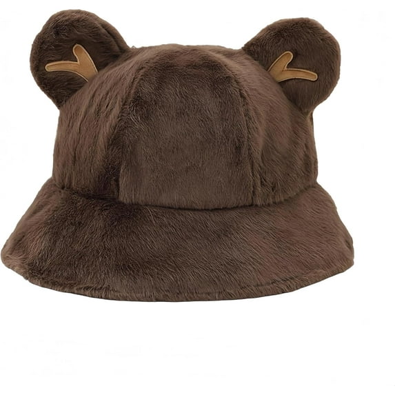 Winter Faux Fur Bucket Hat Cute Bear Ears Furry Bucket Hat Fashion Warm Wide Brim Plush Fisherman Cap for Women Girls