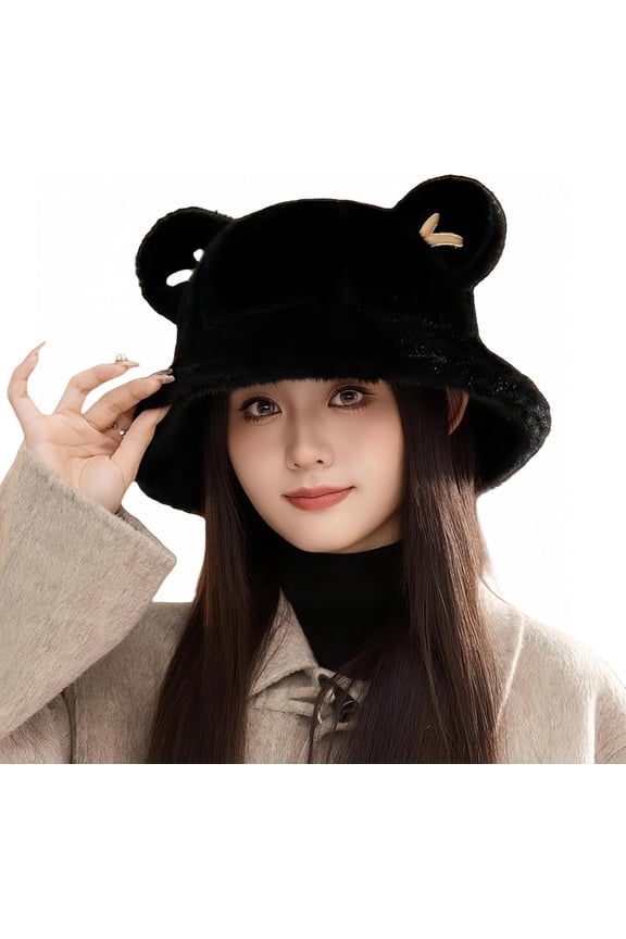 Winter Faux Fur Bucket Hat Cute Bear Ears Furry Bucket Hat Fashion Warm Wide Brim Plush Fisherman Cap for Women Girls