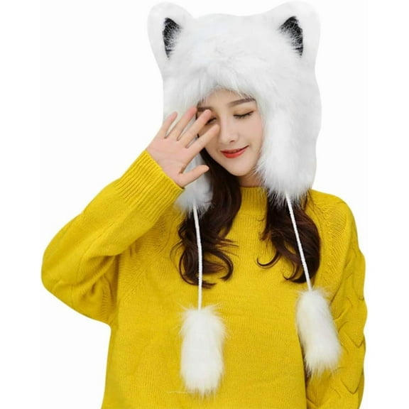 Winter Faux Fur Cap with Earflap for Women Men Cartoon Animal Trapper Hat Christmas Elk Horn Hat Plush Furry Russian Cap